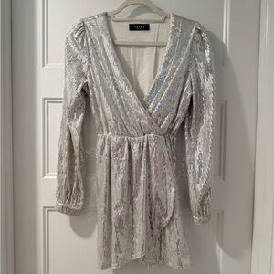 AKIRA Silver Long Sleeve Sequin Dress